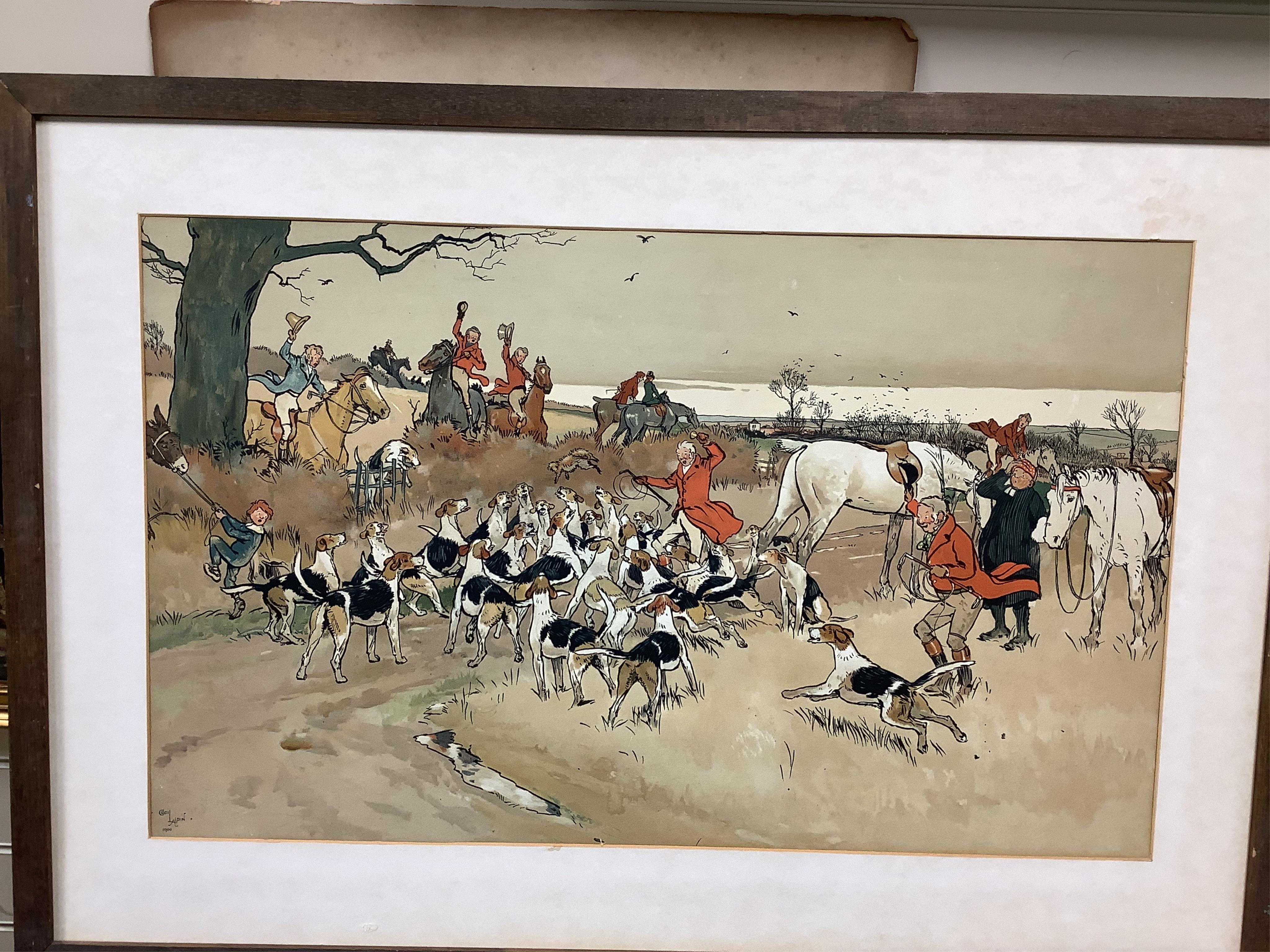 After Cecil Aldin (1870-1935), set of six colour hunting interest prints, to include 'Breaking cover', 'The Breakfast' and 'Full Cry', 37 x 60cm